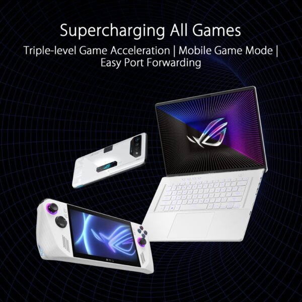 The ASUS ROG Rapture is a WiFi 7 router offering features like a new 320MHz bandwidth, 4096-QAM, dual 10G ports, backup WAN, Triple-level Game Acceleration, Mobile Game Mode, AURA RGB, AiMesh support, and comprehensive VPN features.