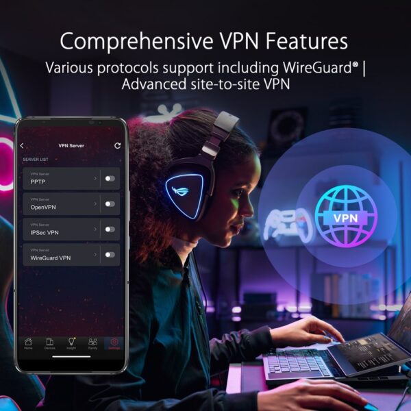 The ASUS ROG Rapture is a WiFi 7 router offering features like a new 320MHz bandwidth, 4096-QAM, dual 10G ports, backup WAN, Triple-level Game Acceleration, Mobile Game Mode, AURA RGB, AiMesh support, and comprehensive VPN features.