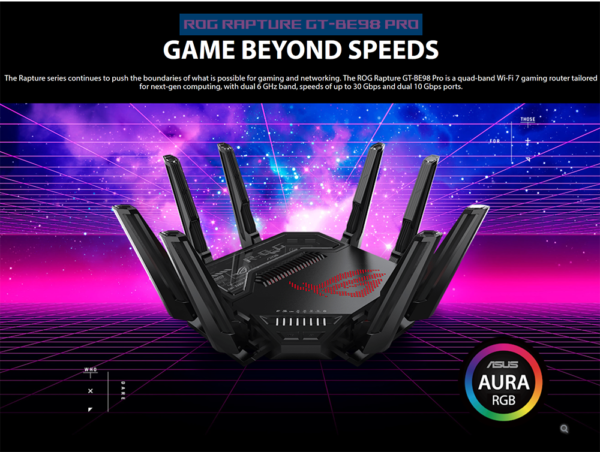 The ASUS ROG Rapture is a WiFi 7 router offering features like a new 320MHz bandwidth, 4096-QAM, dual 10G ports, backup WAN, Triple-level Game Acceleration, Mobile Game Mode, AURA RGB, AiMesh support, and comprehensive VPN features.