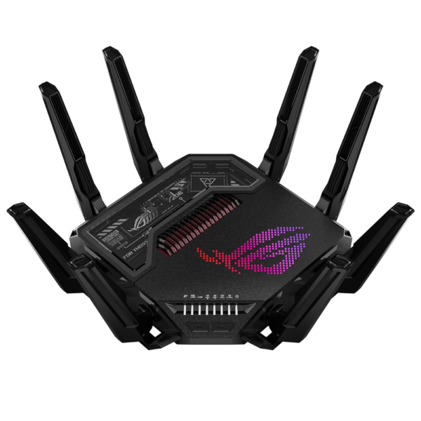 The ASUS ROG Rapture is a WiFi 7 router offering features like a new 320MHz bandwidth, 4096-QAM, dual 10G ports, backup WAN, Triple-level Game Acceleration, Mobile Game Mode, AURA RGB, AiMesh support, and comprehensive VPN features.